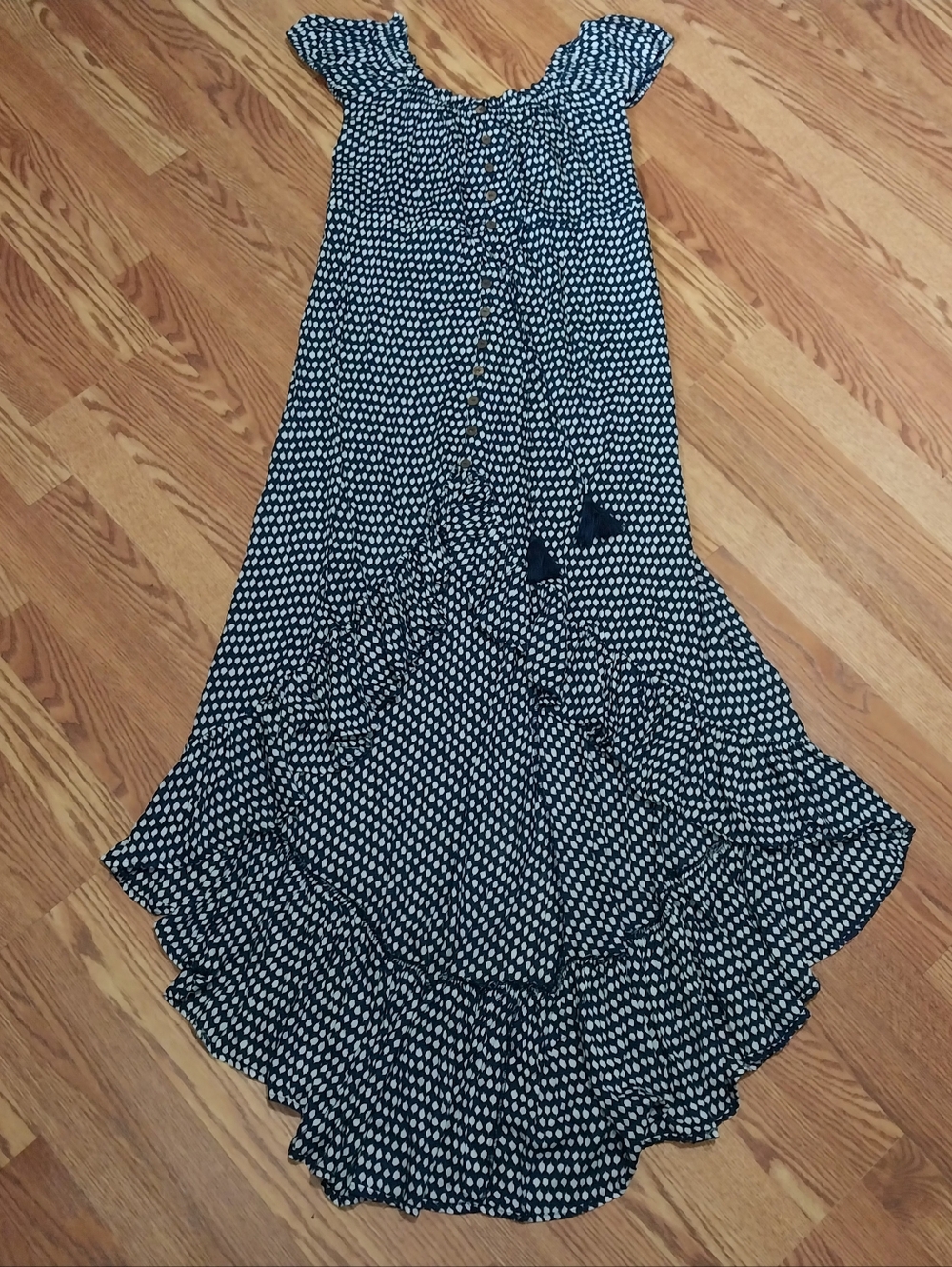 Tiare Hawaii Riviera Maxi Dress Womens Small Blue Ruffle Polka Dot Maxi Dress